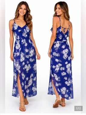 Royal Blue & White Floral Maxi Dress V Neck Spaghetti Straps SzM